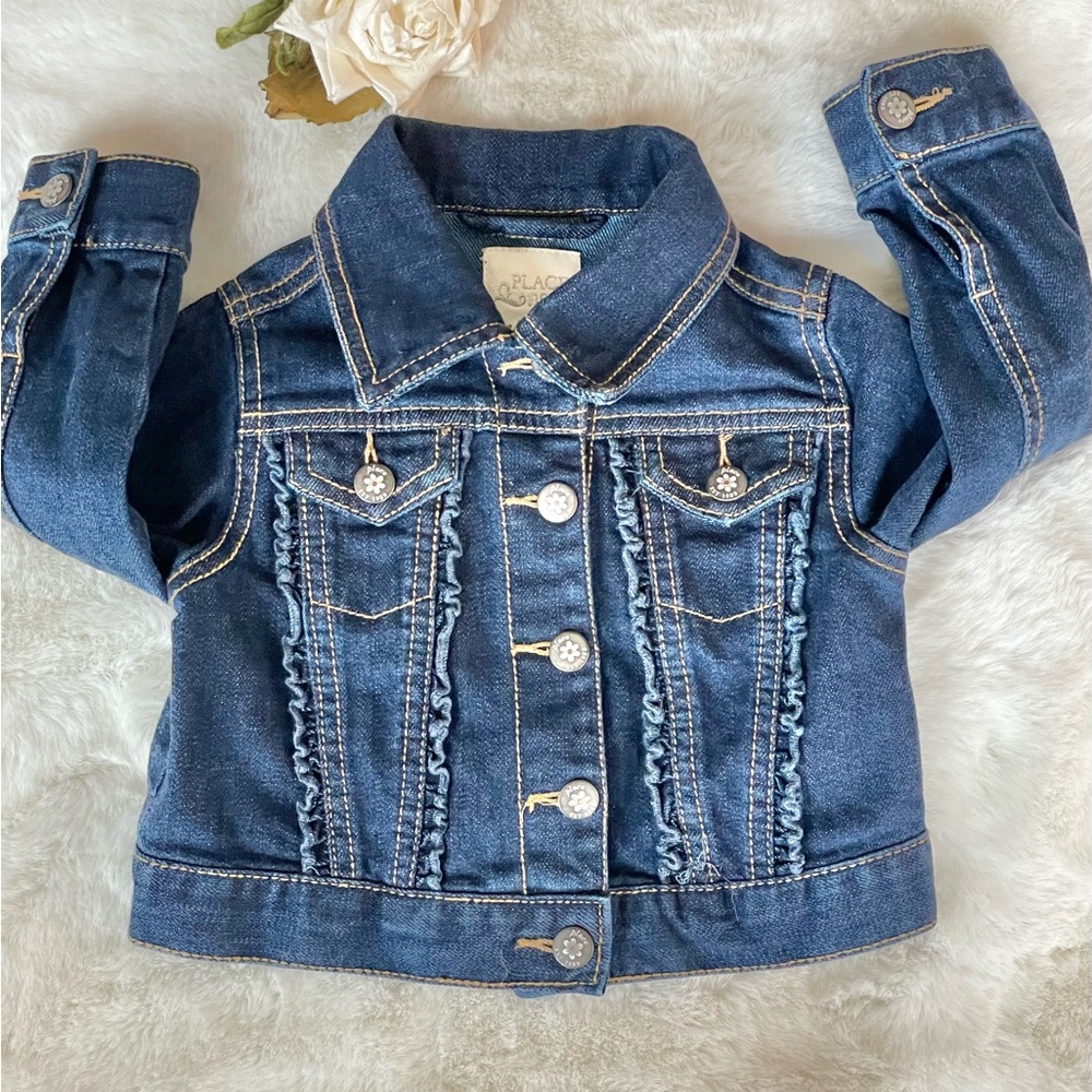LIKE NEW PLACE 1989 DENIM JACKET w/Adorable ruffle detail & button looking snaps